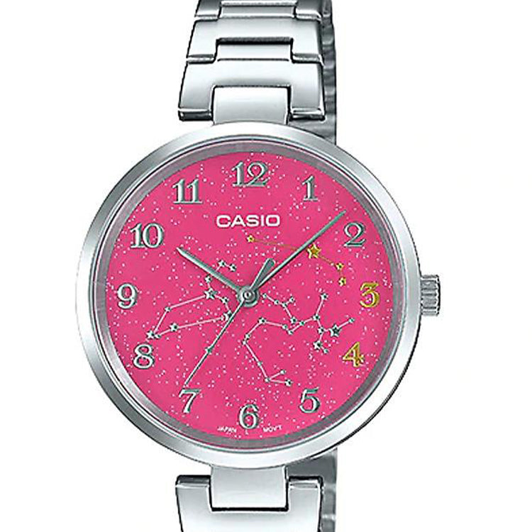 CASIO Quartz 32mm Pink Constellation Dial Stainless Steel Case Watch Silver Analog LTP-E01D-4A