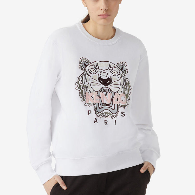 (WMNS) KENZO FW20 Tiger Head Embroidered Cotton Round Neck Long Sleeves Sports White Hoodie FA62SW8244XA-01