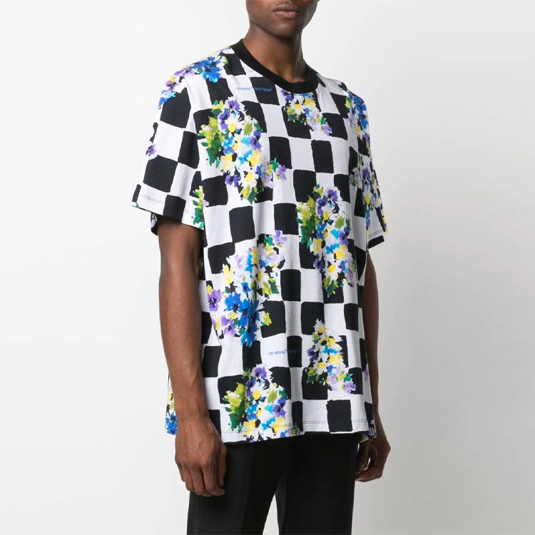 Off-White SS21 Flowers Printing Plaid Short Sleeve Loose Fit White OMAA038S21JER0178400
