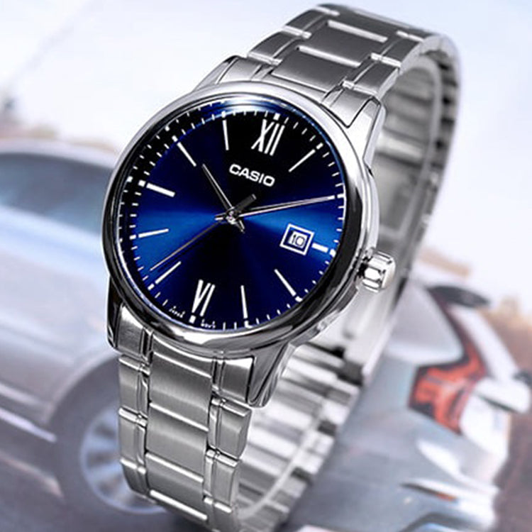 Casio Dress Minimalistic Retro Analog Watch 'Silver Navy' MTP-V002D-2B3
