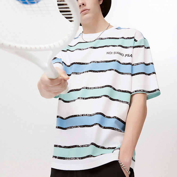 Men's FILA FUSION Contrasting Colors Stripe Loose Sports Short Sleeve Green White Colorblock T11M121108A-LB