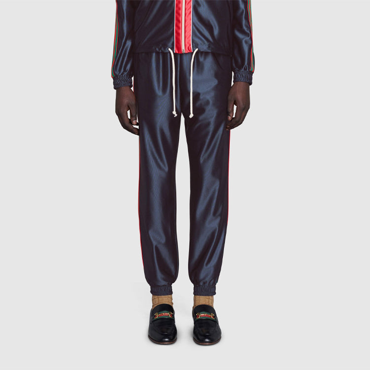 Men's Gucci Shiny Knit Material Webbing Sports Pants/Trousers/Joggers Blue 655343-XJDF1-4330