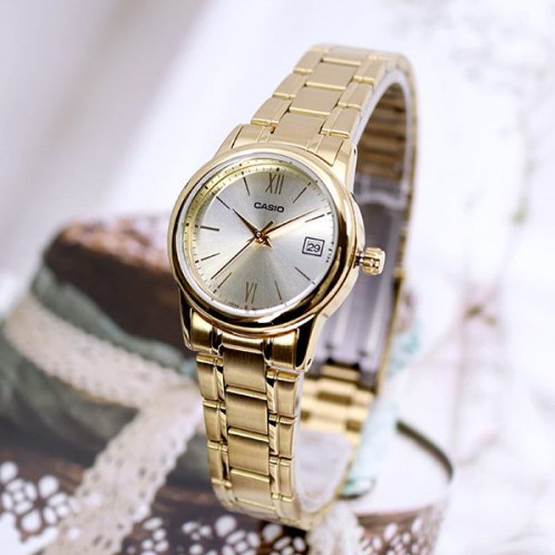 CASIO Waterproof Stainless Steel Strap Gold Analog LTP-V002G-9B3
