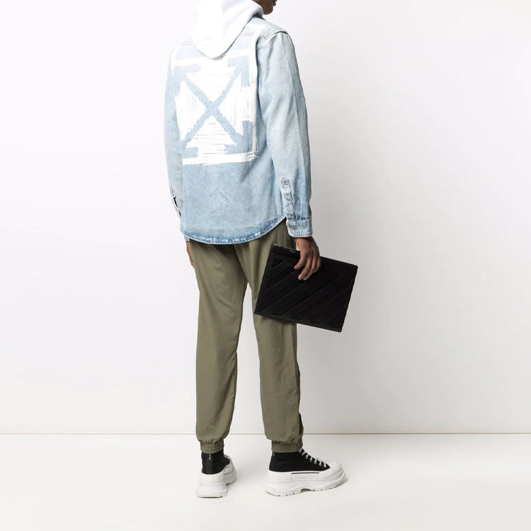 Men's Off-White SS21 Lapel Buckle Long Sleeves Blue Shirt OMYD027F21DEN0034001