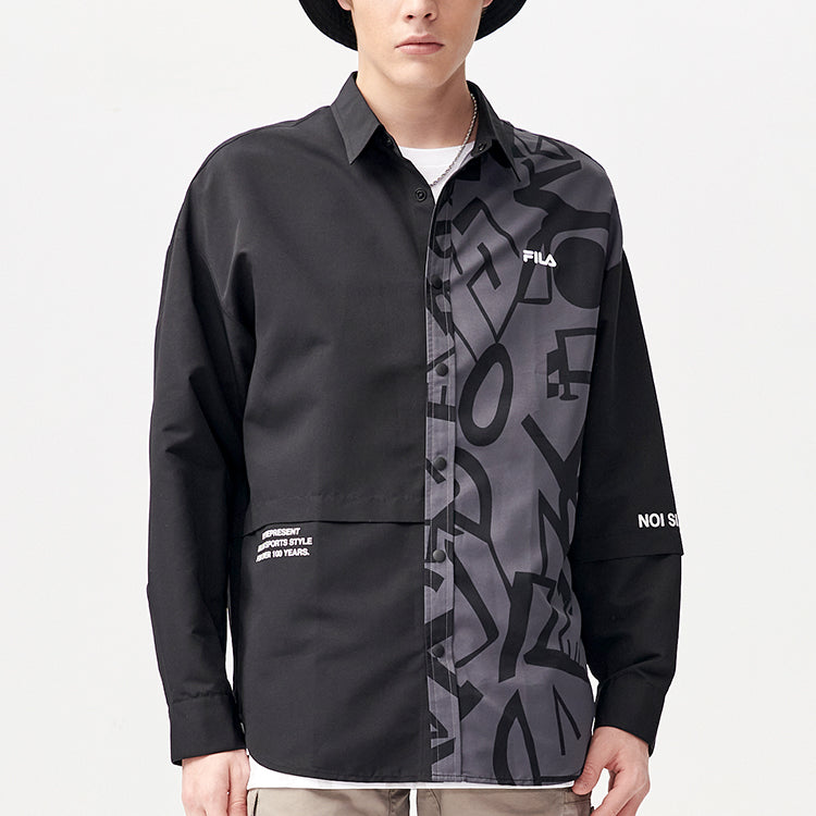Men's FILA FUSION Character Printing Contrasting Colors Casual Loose Long Sleeves Dark Black Shirt T11M121702F-BK