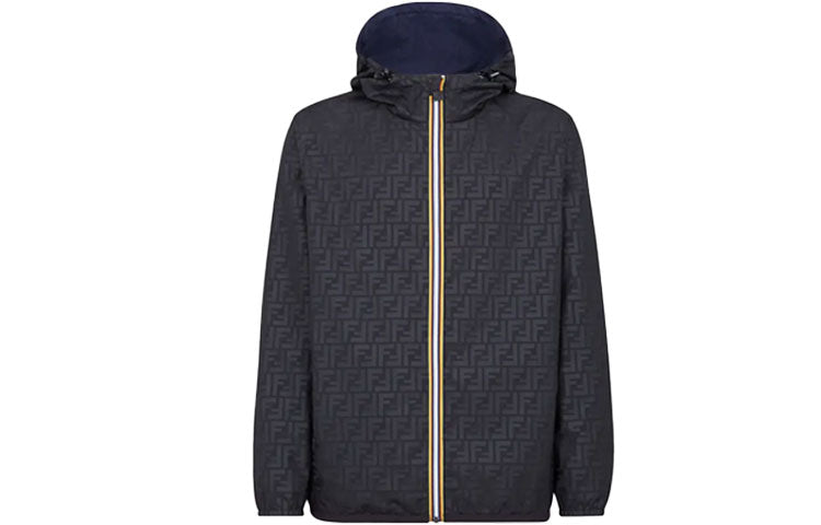 Men's FENDI x K-Way Crossover SS21 Full Print F reversible Hooded Jacket Blue FAA803AERRF0D0C