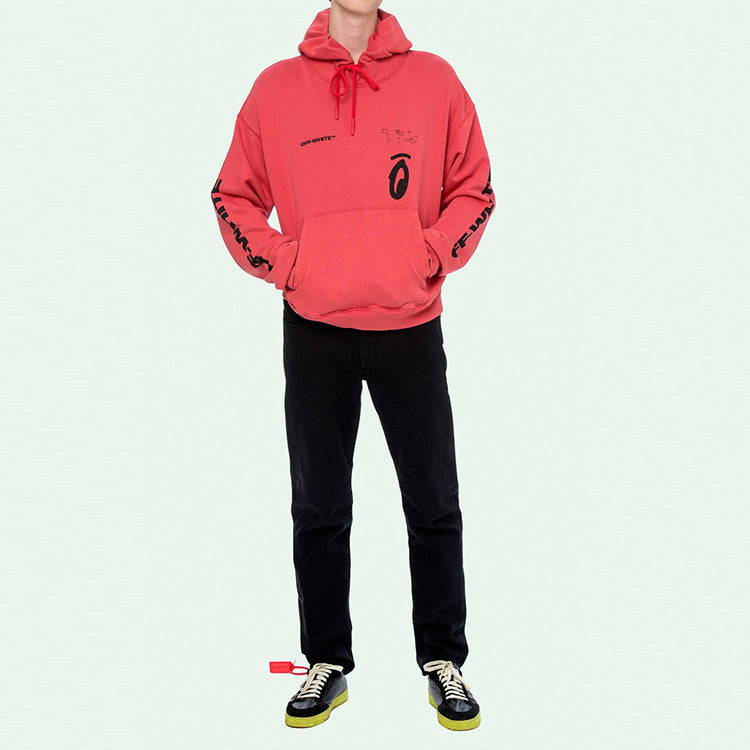 Off-White FW19 Splitted Arrows Oversized Graffiti Hooded Fleece Men Red OMBB037E19D250102010