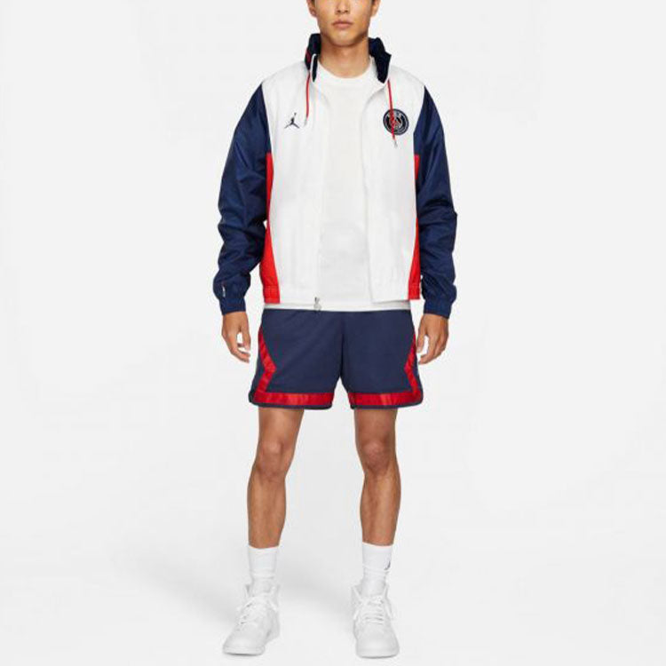 Men's Air Jordan Paris Saint-Germain Colorblock logo Sports Woven Storage Simple Hooded Jacket White Blue DB6487-100