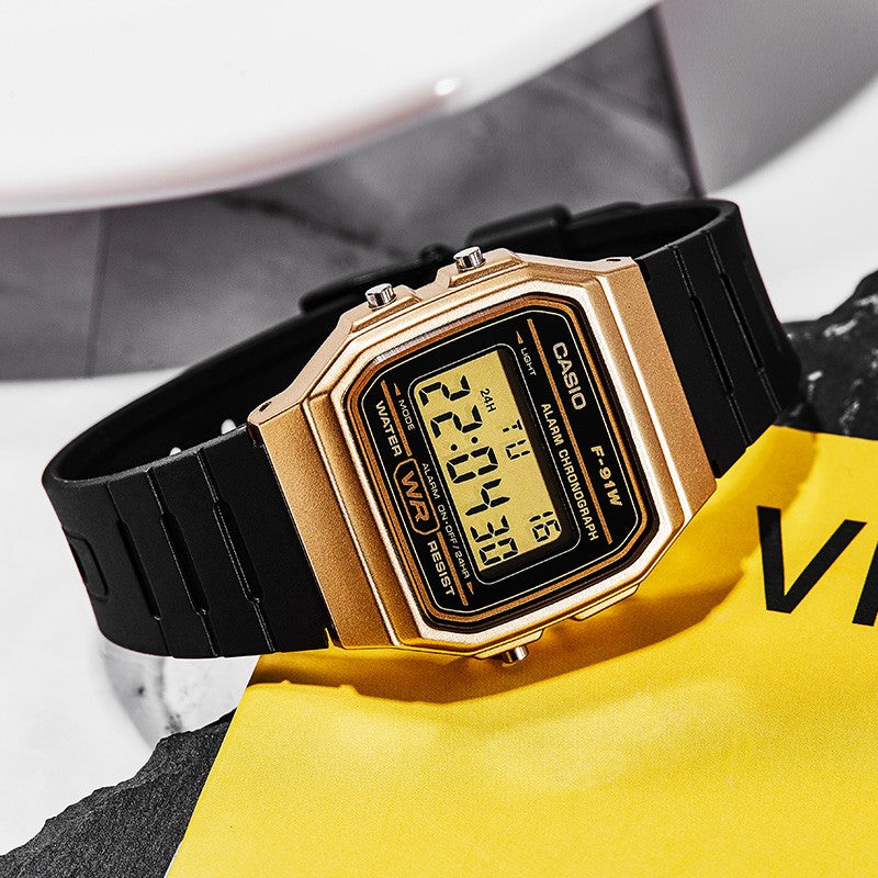 CASIO Waterproof Unisex Mens Black/Gold Digital F-91WM-9A