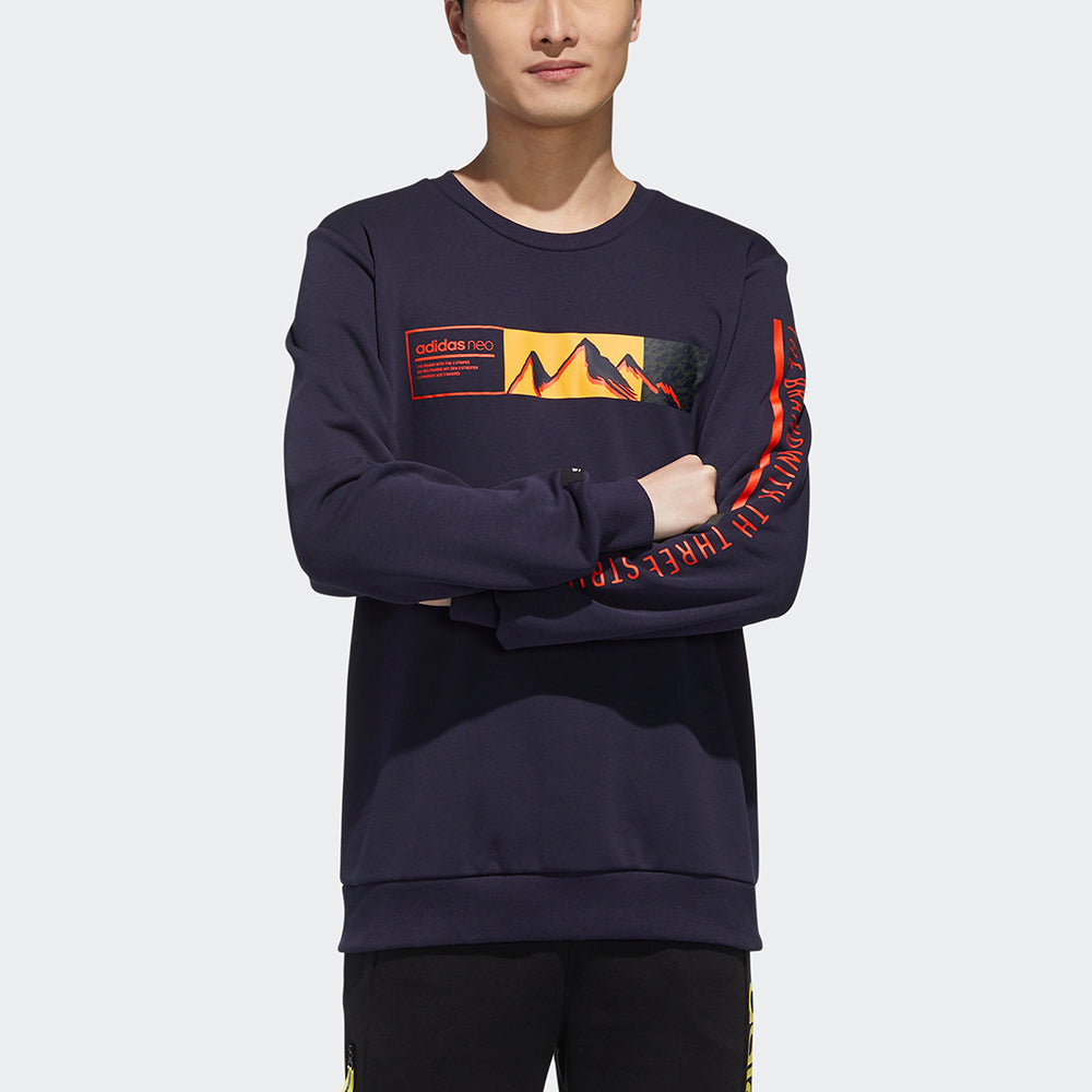 Men's adidas neo Ss Cs Swt Mountains Pattern Alphabet Printing Round Neck Sports Navy Blue GM2284