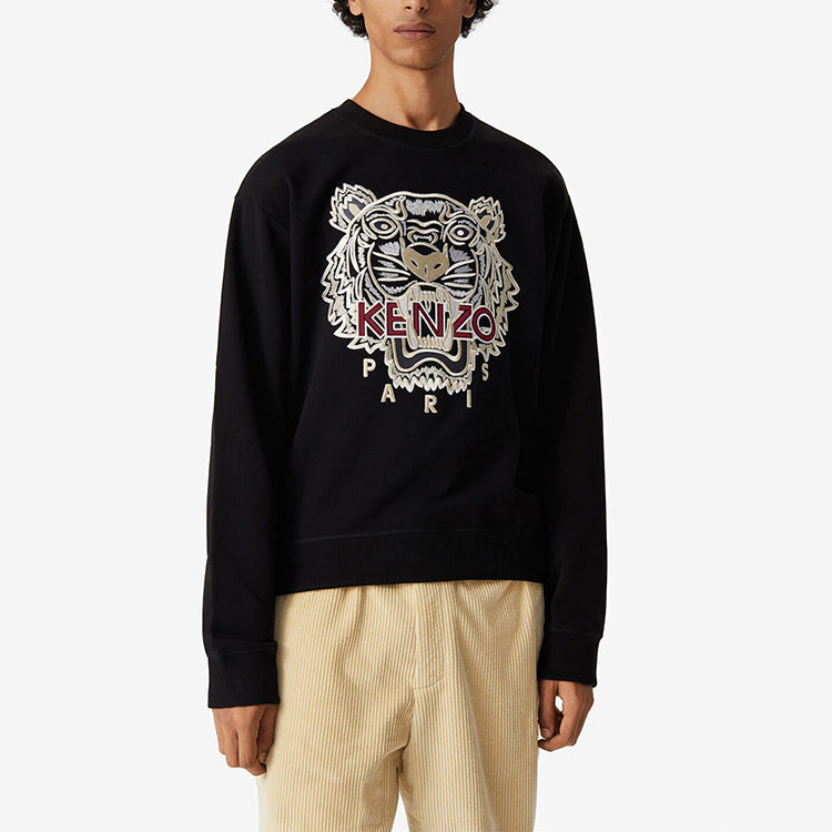 Men's KENZO Pearl Tiger Head Embroidered Pattern Cotton Round Neck Long Sleeves Sports Black FA65SW1114XV-99