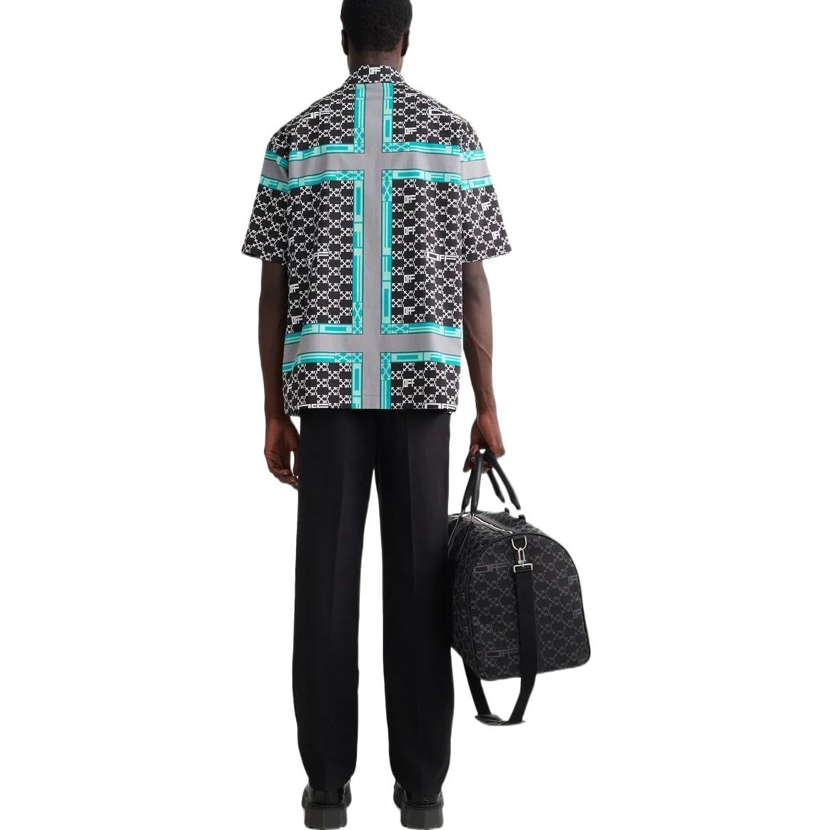 Men's Off-White FW22 Classic Logo Full Print Lapel Short Sleeve Loose Fit Black Shirt OMGA196S22FAB0041001