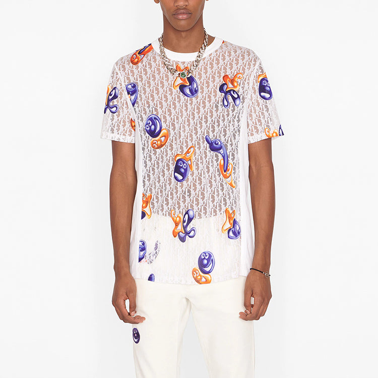 Men's DIOR x KENNY SCHARF Crossover FW21 Logo Printing Loose Round Neck Short Sleeve White 193J653A0702-C084