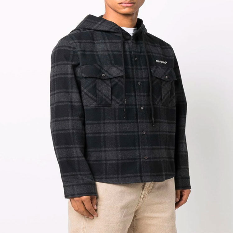 Off-White SS22 Plaid hooded Long Sleeves Shirt Version Black OMGA225C99FAB0010701