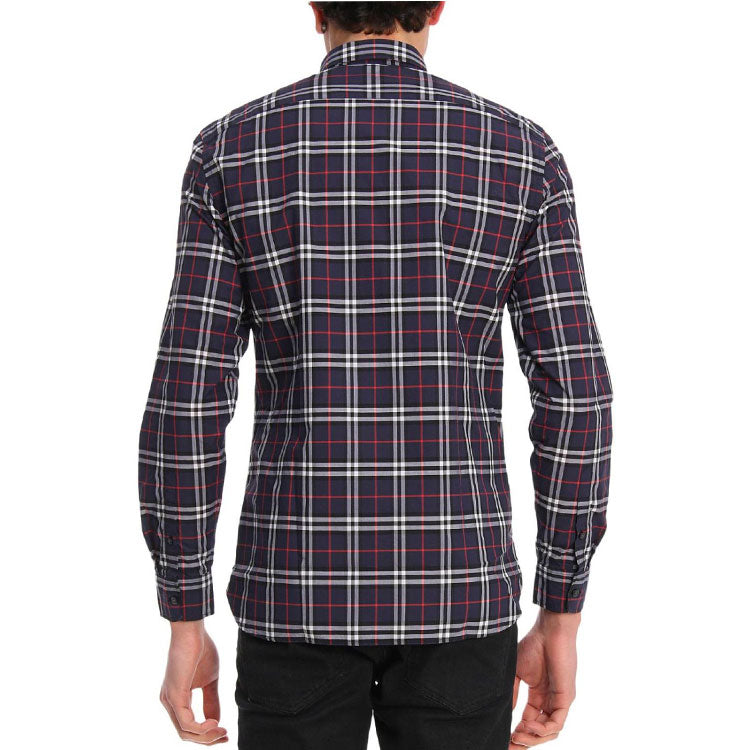 Men's Burberry Plaid Long Sleeves Shirt Navy Blue 40618121