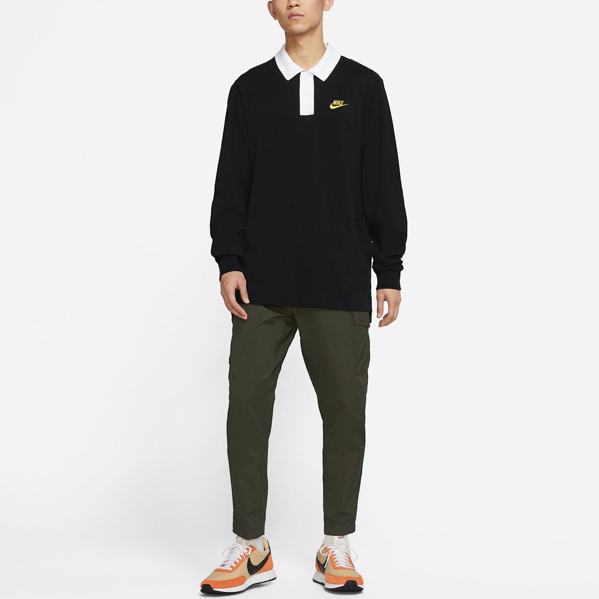 Men's Nike Sportswear Rugby Sports Printing Knit Long Sleeves Autumn Black Polo Shirt DD6180-010
