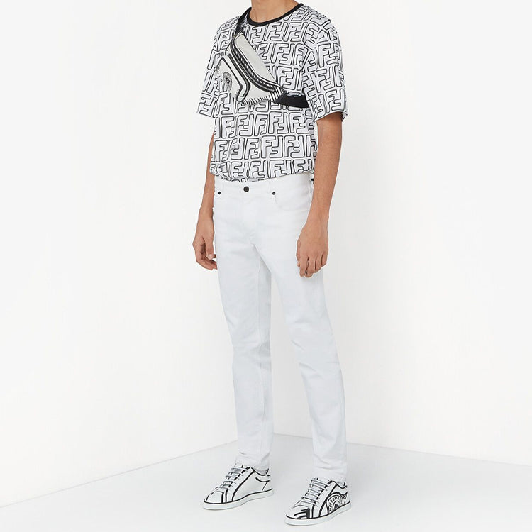 Men's FENDI Series FF Printing Round Neck Loose Short Sleeve Black White Colorblock FY0936ACNMF0QA0