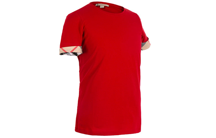 Burberry Cuff Plaid Round Neck Short Sleeve Red 38869511