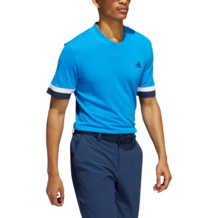 adidas Colorblock V neck Breathable Logo Stripe Quick Dry Short Sleeve Blue HI4753