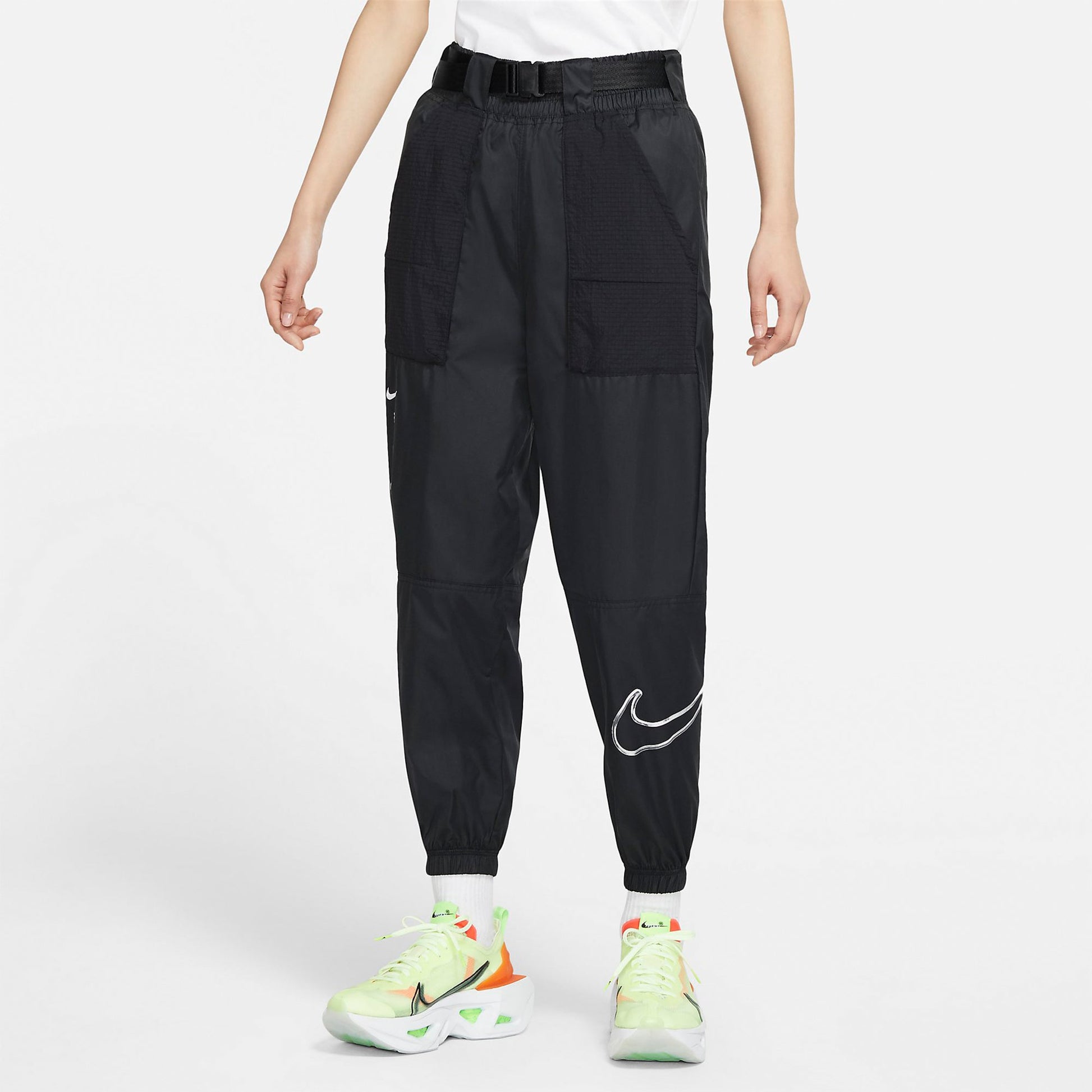 (WMNS) Nike Logo Sports Adjustable Belt Bundle Feet Woven Long Pants/Trousers Autumn Black DJ8997-010