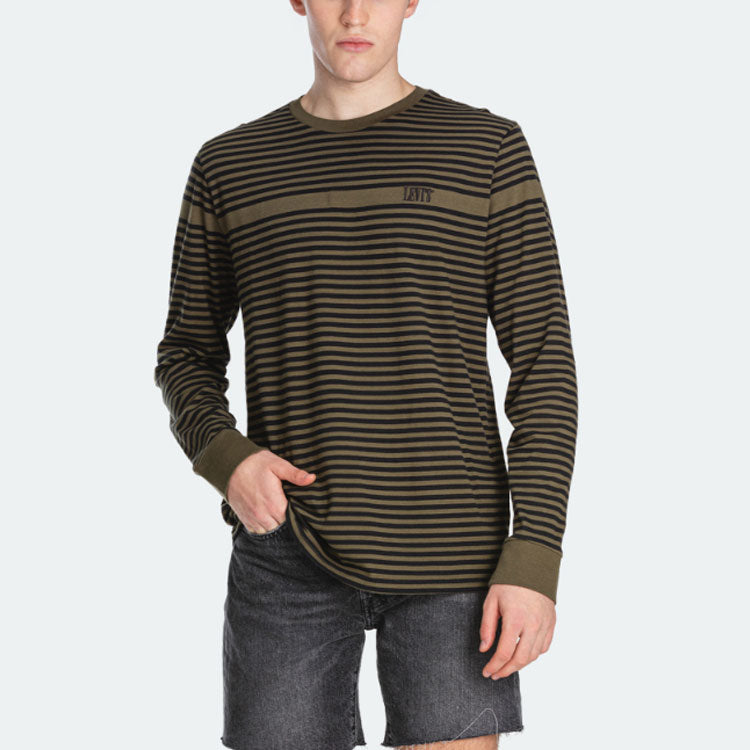 Men's Levis Casual Pure Cotton Stripe Long Sleeves Dark Green T-Shirt 85622-0000