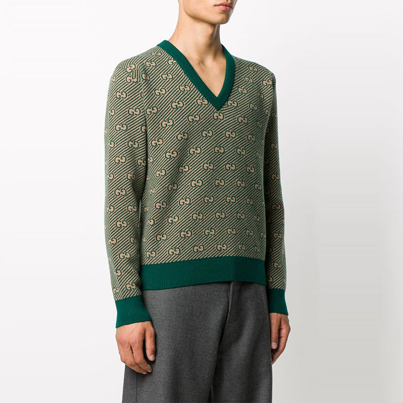 Gucci SS21 Printed Alphabet Pattern V-Neck Sweater For Men Green 626643-XKBFZ-3119