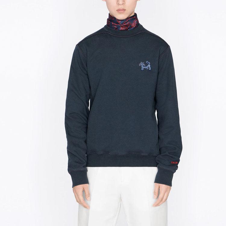 Men's DIOR x Kenny Scharf Crossover SS22 TIGER Printing Round Neck Long Sleeves Navy Blue 213J645A0531-C542