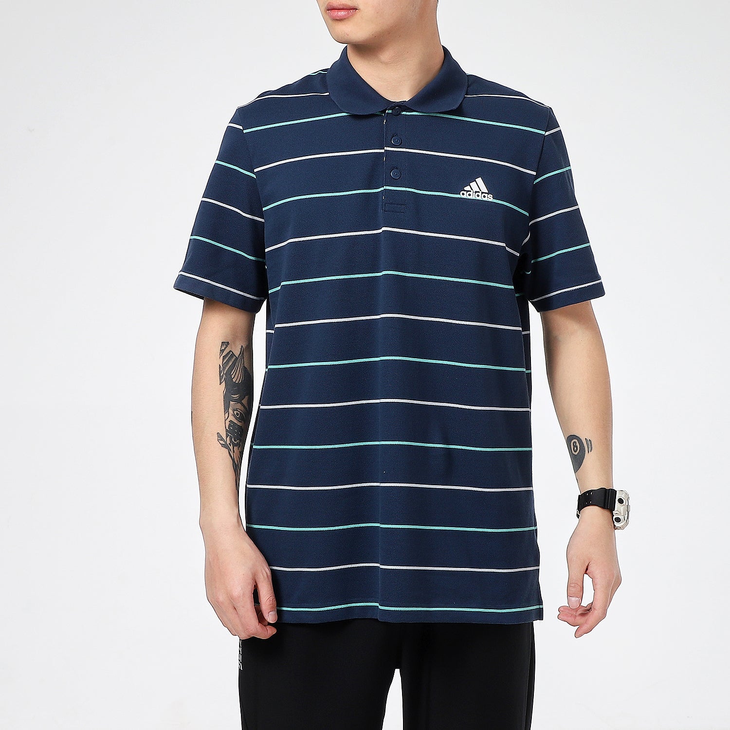 adidas Striped Logo Print Sports Short Sleeve Polo Shirt Navy GP1001