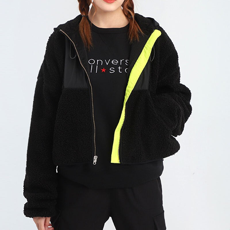 (WMNS) Converse Full Zip Lamb Wool Hooded Jacket Black 10020285-A02