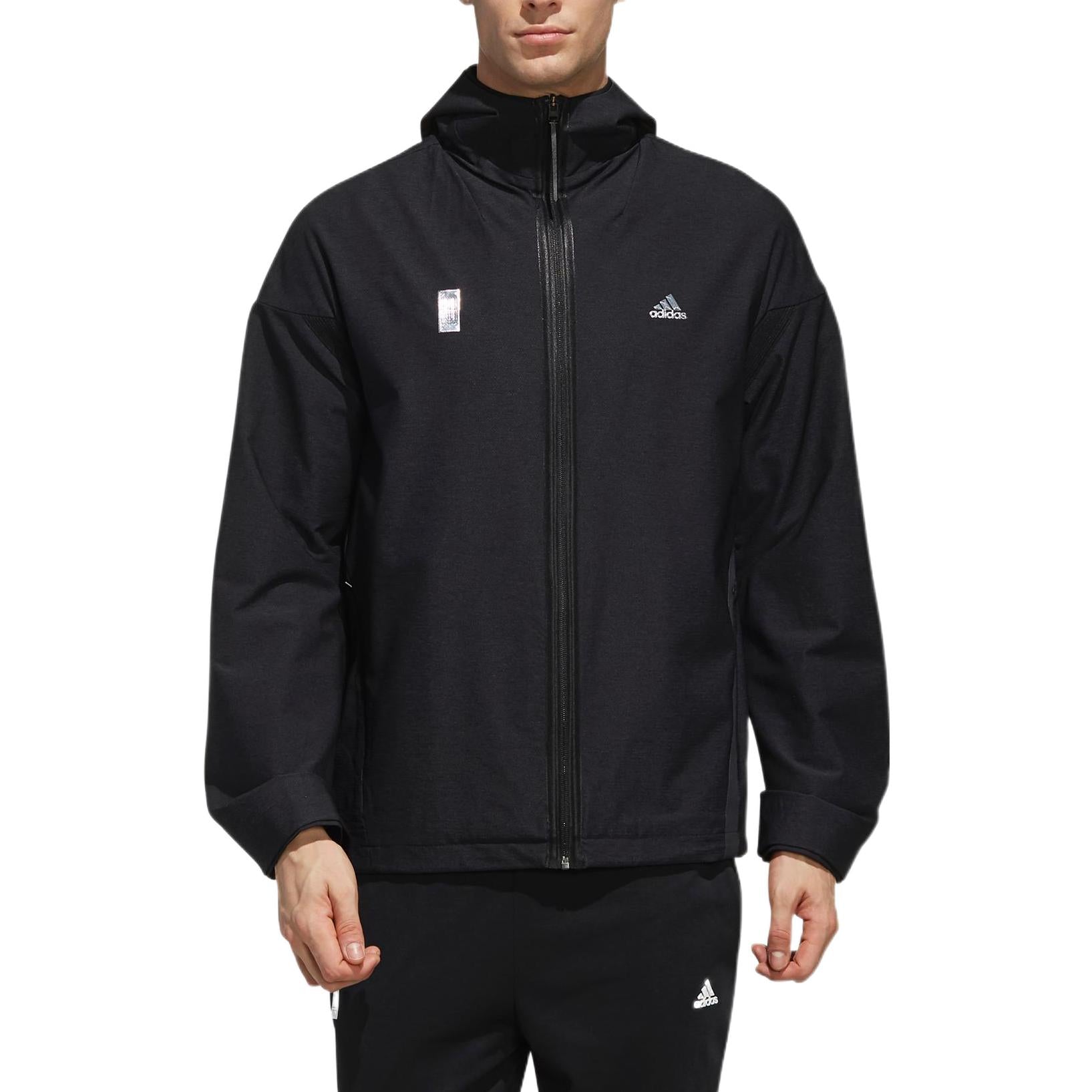 Men's adidas Solid Color Zipper Brand Logo Printing Hooded Jacket Black FJ0194