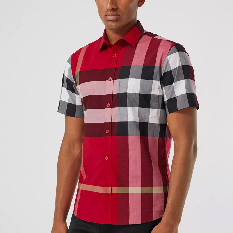 Men's Burberry SS21 Plaid Button Short Sleeve Shirt Red 80208561