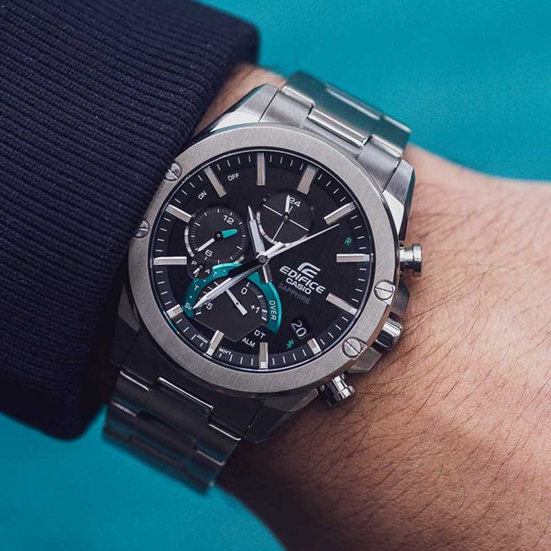 CASIO EDIFICE Quartz Waterproof Sapphire Crystal Solar Powered Black DialSilver Strap Mens BlackSilver Analog EQB-1000D-1