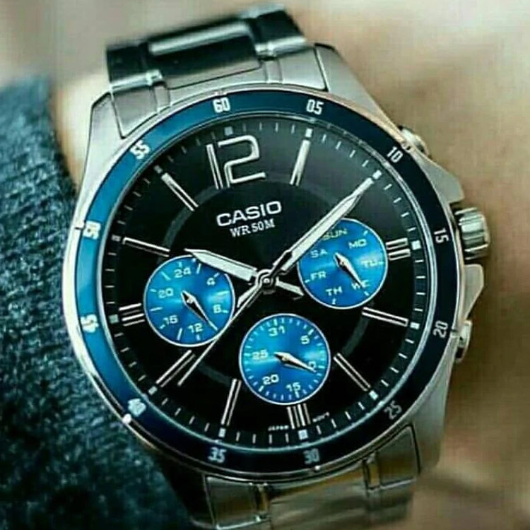 CASIO Business Style Waterproof Quartz Men Silver/Black Stainless Steel Strap Mens Blue Analog MTP-1374D-2A