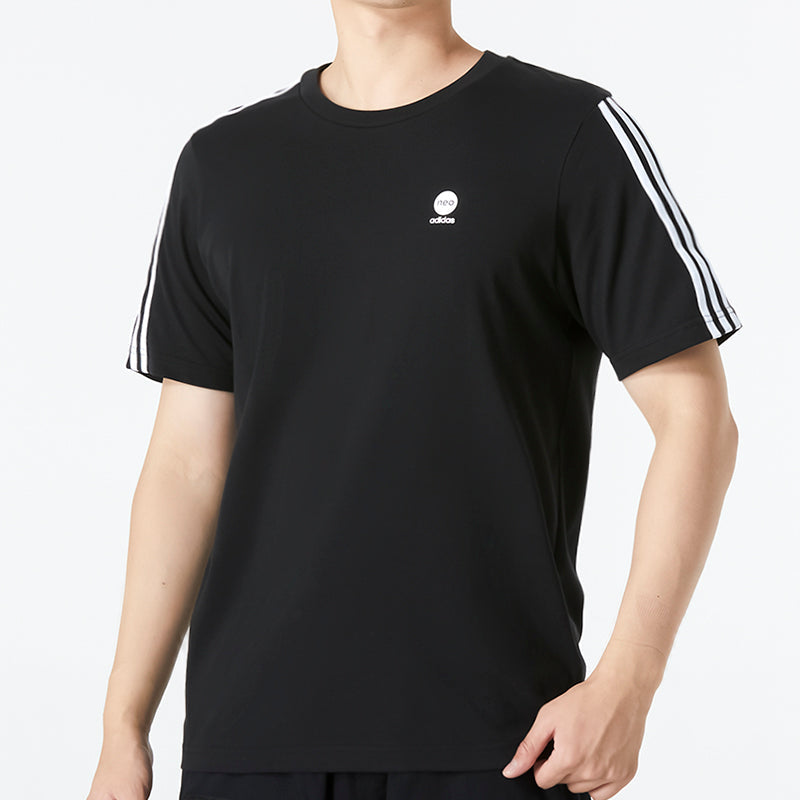 Men's adidas neo Solid Color Stripe Logo Athleisure Casual Sports Round Neck Short Sleeve Black T-Shirt HN8779
