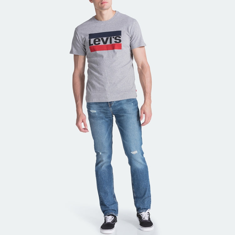 Men's Levis American Retro Sports Series Alphabet Printing Round Neck Short Sleeve Gray T-Shirt 39636-0002