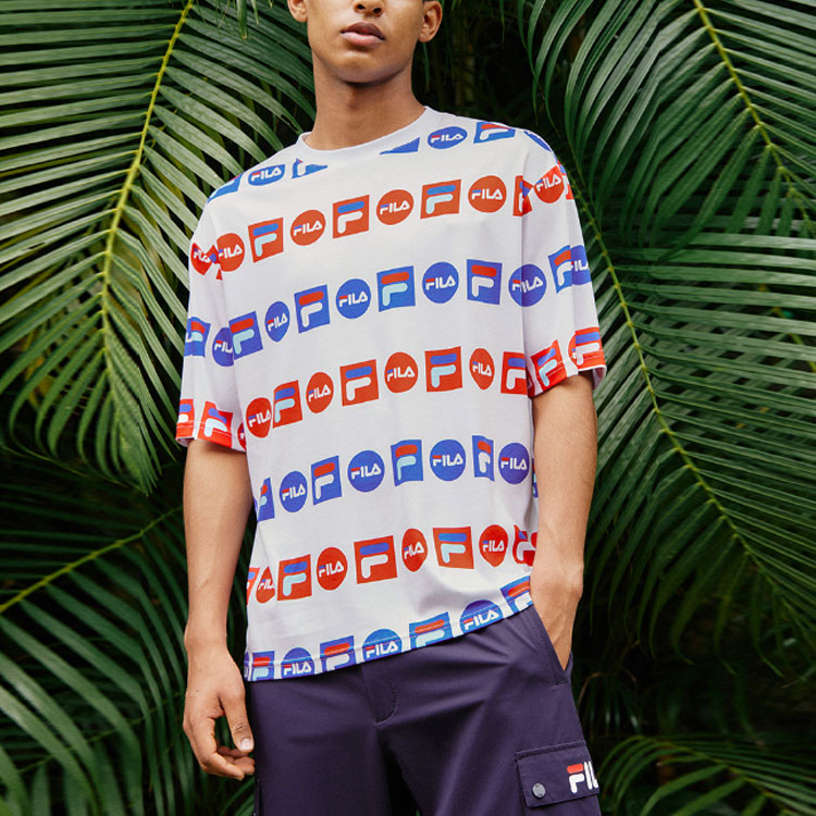 FILA Logo Full Print Sports Loose Round Neck Short Sleeve White F51M128154F-WT