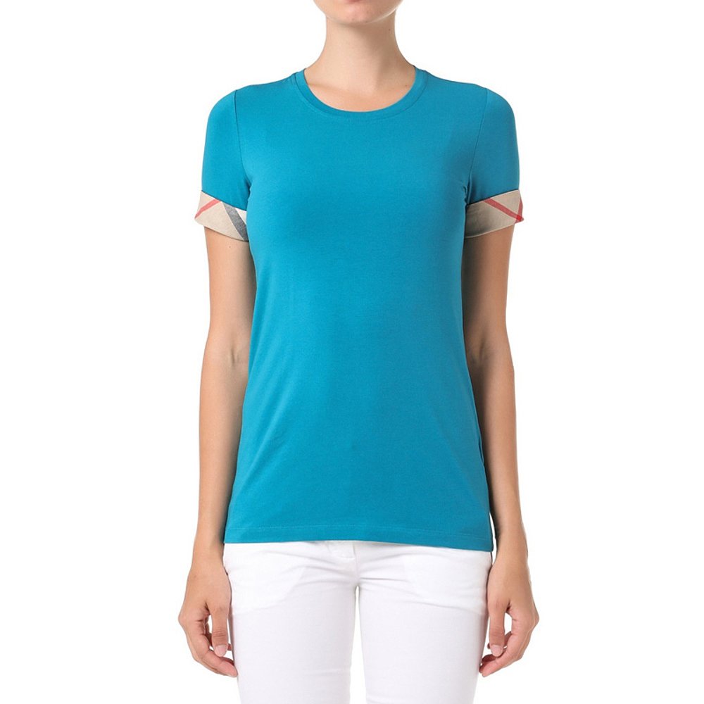 Burberry Cuff Plaid Round Neck Pullover Short Sleeve Lake Blue 39684931