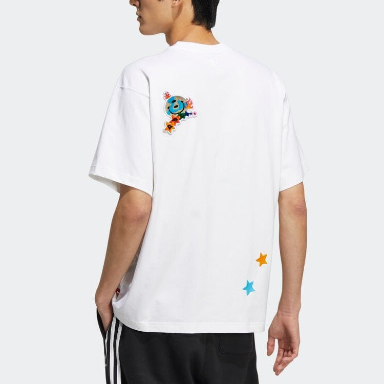 Men's adidas Logo Cartoon Pattern Embroidered Round Neck Short Sleeve White T-Shirt HM8043