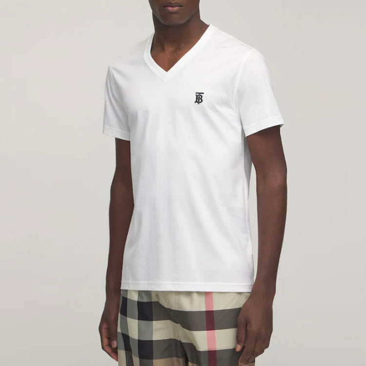 Men's Burberry Logo Embroidered Pattern V neck Cotton Short Sleeve White 80172581