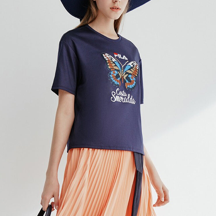 (WMNS) FILA Embroidered Round Neck Short Sleeve 'Navy Blue' F11W028117F-DB