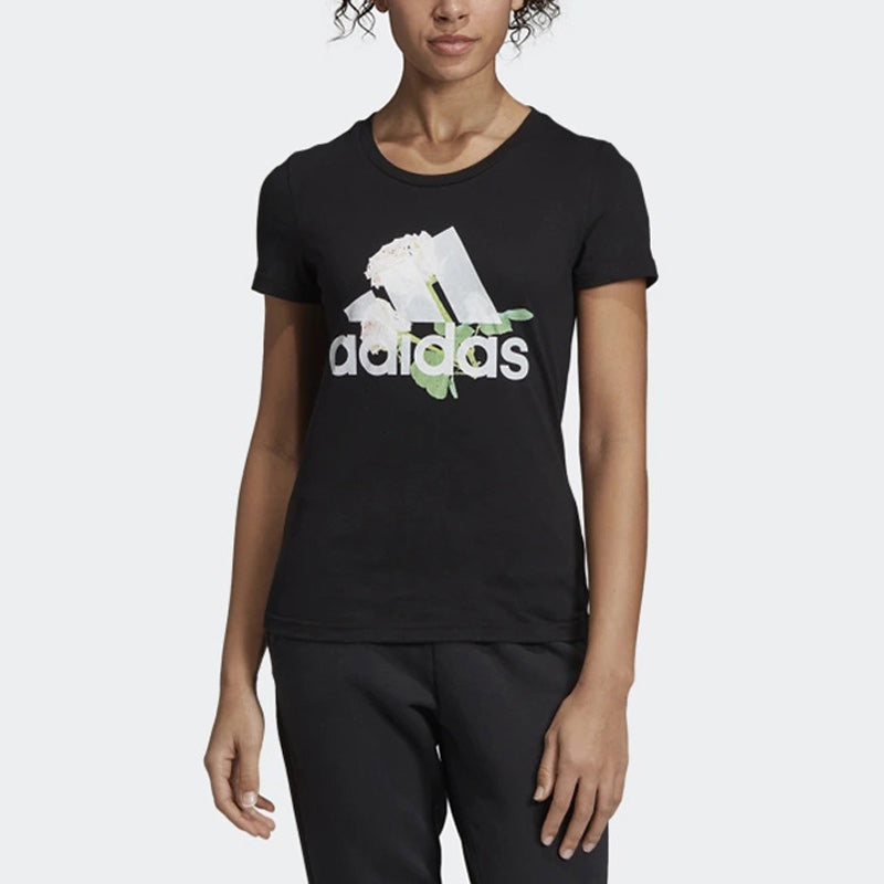 (WMNS) adidas Must Haves Flower T-Shirt Asia Sizing 'Black White' ED6160