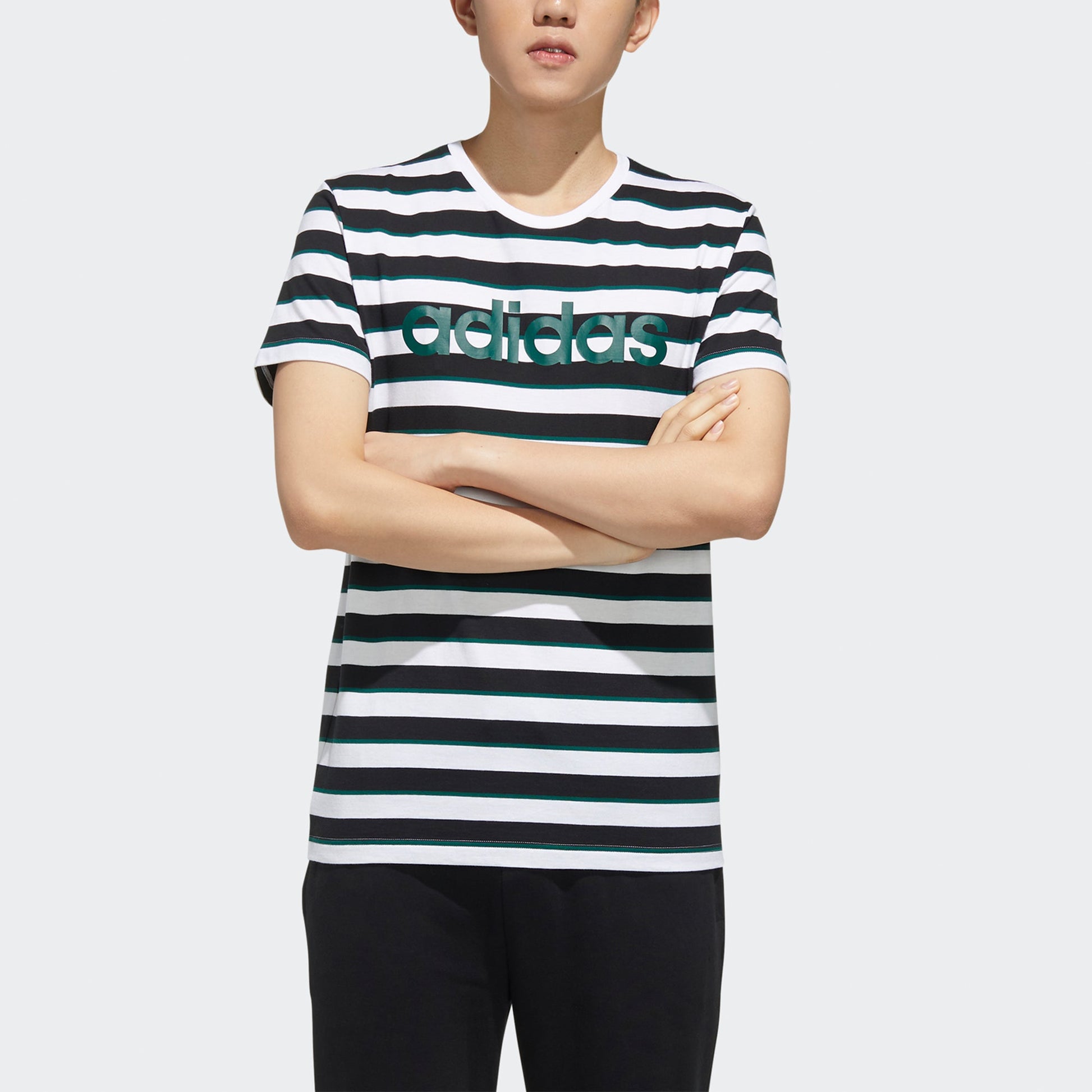 adidas neo M Esntl Lg S T3 Logo Printing Stripe Sports Short Sleeve Black FP7426