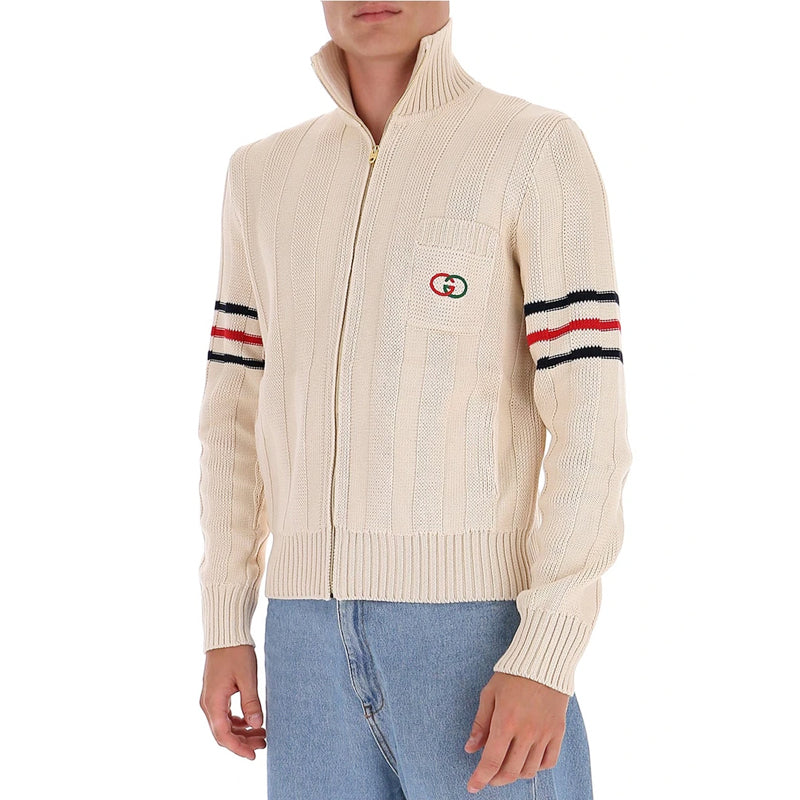 Gucci Stripe Zipper Stand-up Collar Knit Coat Male Cream-coloured 630423-XKBGM-9071
