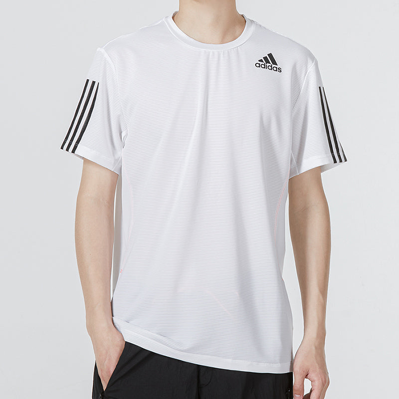 adidas Solid Color Stripe Logo Micro Mark Athleisure Casual Sports Round Neck Short Sleeve White H16877