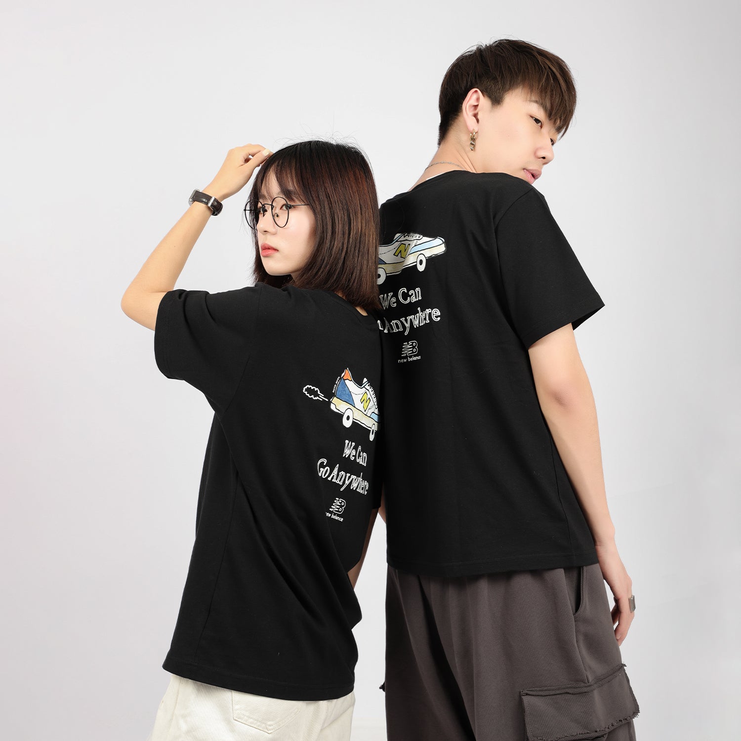 New Balance Back Cartoon Printing Casual Sports Round Neck Short Sleeve Black T-Shirt AMT12342-BK