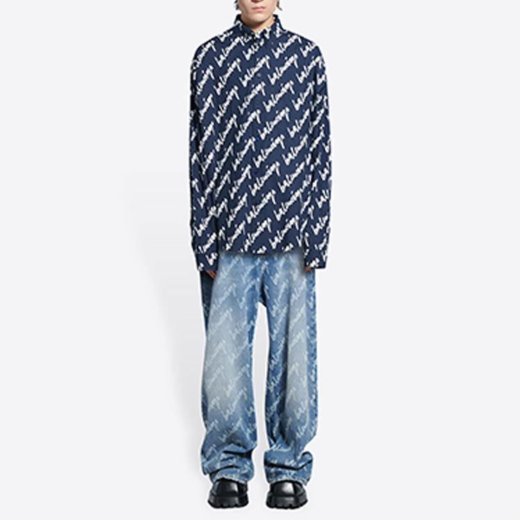 Balenciaga Scribble Logo Short Sleeve Shirt Large Fit 'Midnight Blue' 662983TLLJ48502