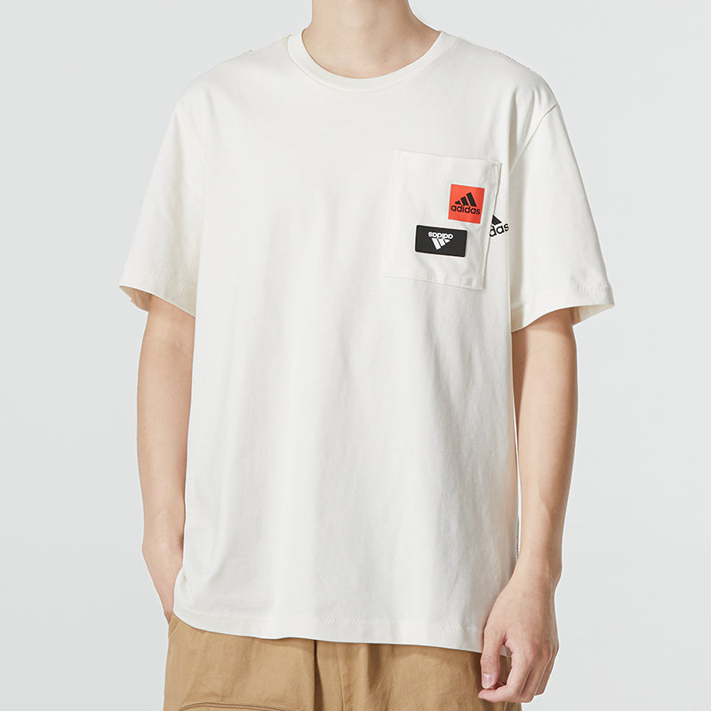 Men's adidas Solid Color Logo Printing Pocket Athleisure Casual Sports Round Neck Short Sleeve White T-Shirt HM2961