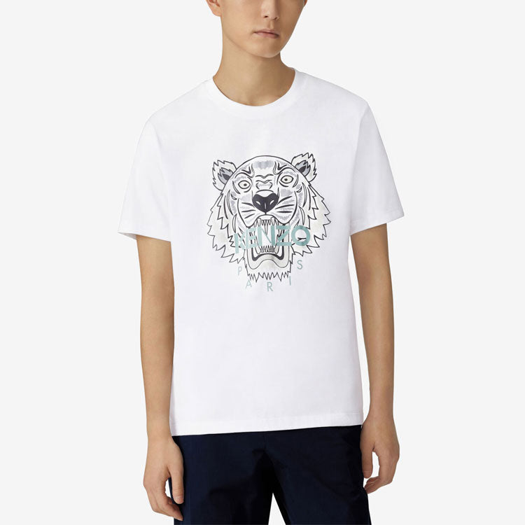 Men's KENZO Tiger Head Printing Pattern Round Neck Short Sleeve White FA65TS0204YA-01