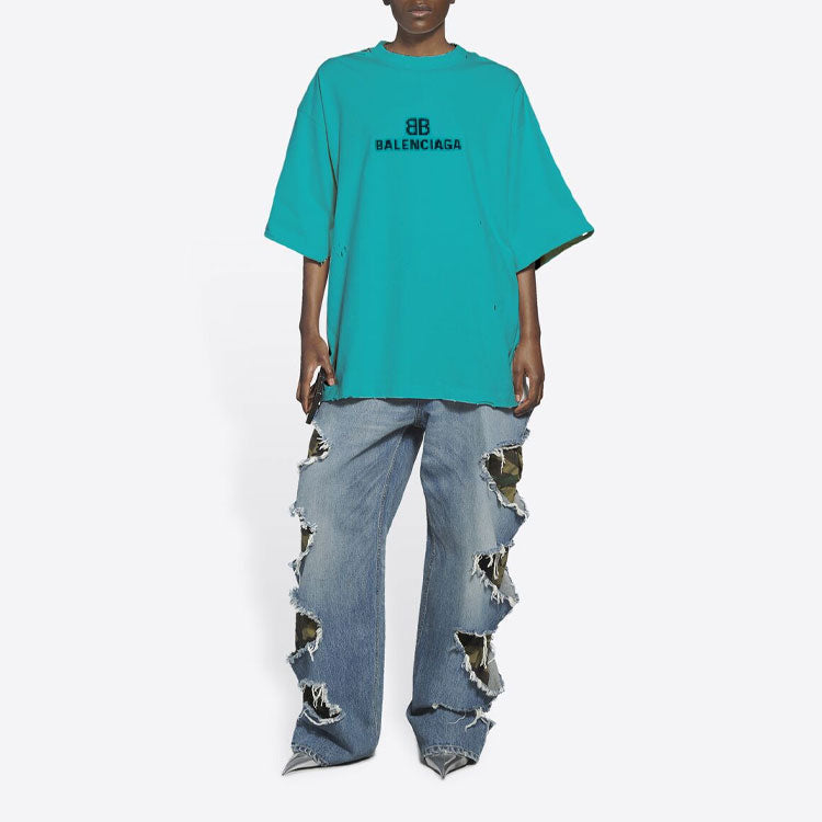 Balenciaga Mosaic Logo BB Alphabet Loose Hole Distress Short Sleeve Unisex Blue 651795TKVF53660