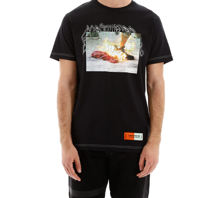 Men's HERON PRESTON Printing Pattern Short Sleeve Black HMAA004S209140371088